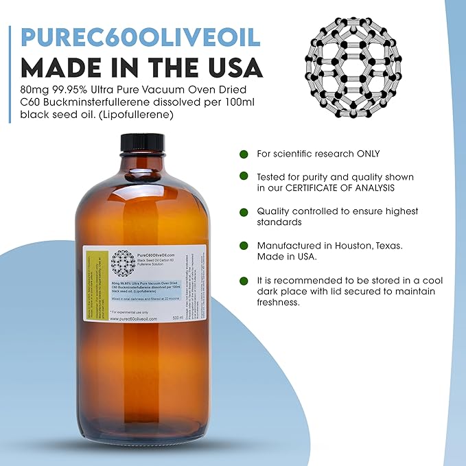 C60 Organic Black Seed Oil 500ml / 16.9 Fl Oz - 99.95% Carbon 60 Solvent Free 400mg - Amber Glass Bottle - Carbon 60 Black Seed Oil - from The Leading Global Producer