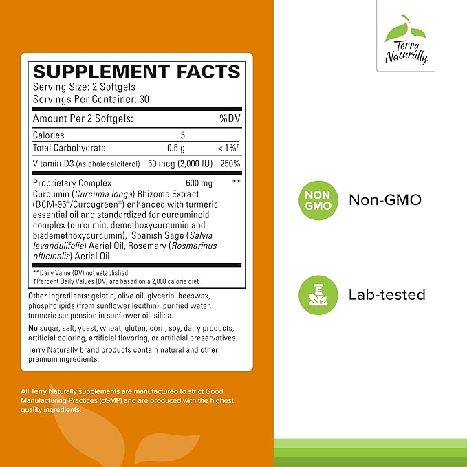 Terry Naturally CuraMed Brain - Dietary Supplement to Support Clarity &amp Focus - Brain Health Supplement with Curcumin &amp Turmeric Essential Oil to Aid Concentration - 60 Softgels (2 Pack)