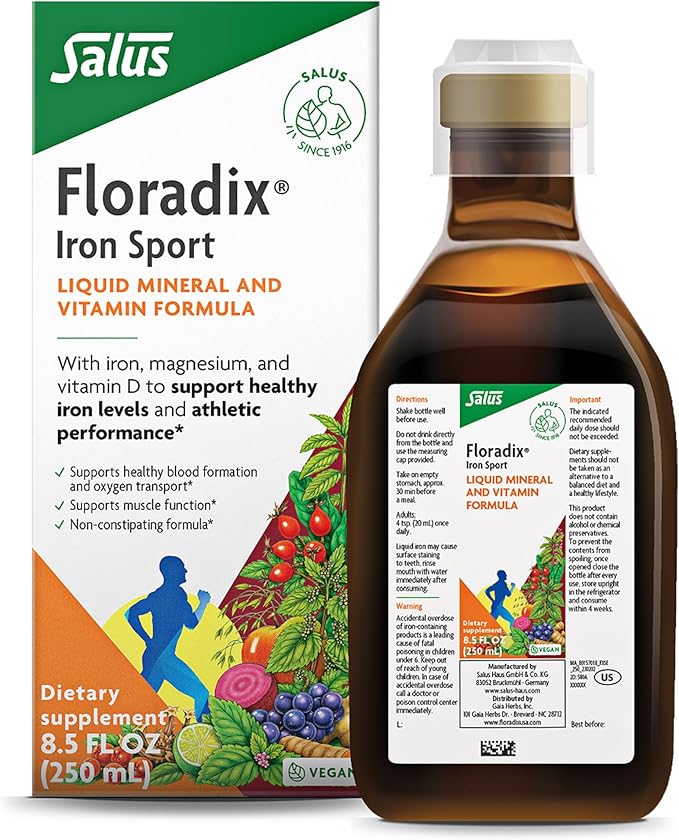 Floradix Iron Sport Liquid Mineral &amp Vitamin Formula - Daily Nutrition &amp Energy Support* - Sports Nutrition with Iron B Vitamins &amp More - Vegan &amp Non-GMO - 8.5 fl oz