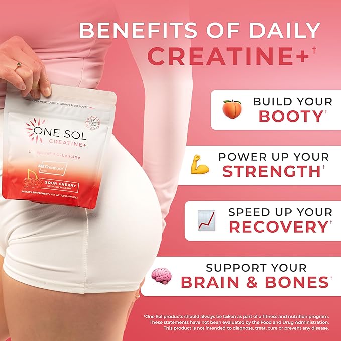 One Sol Creatine for Women All Natural Women’s Creatine Powder w Creapure &amp Leucine Increase Lean Muscle Mass Reduce Recovery Time Promotes Brain &amp Bone Health (Sour Cherry 60 Servings)