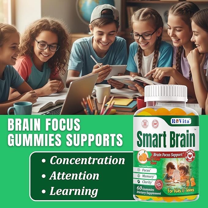 Smart Brain Kids Vitamin Gummies with Omega 3 DHA for Kids &amp Teens-Brain Support Focus Gummies for Kids - Omega 3 Brain Vitamins– Learning &amp Mental Clarity Support– 60 Gummies
