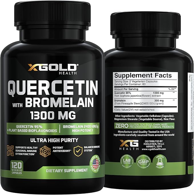 Micronized Quercetin + Bromelain 1300mg Quercetin: 95% - Highly Purified and Highly Bioavailable Plus Bromelain 2400 GDU/g - Made in USA | 120 Capsules