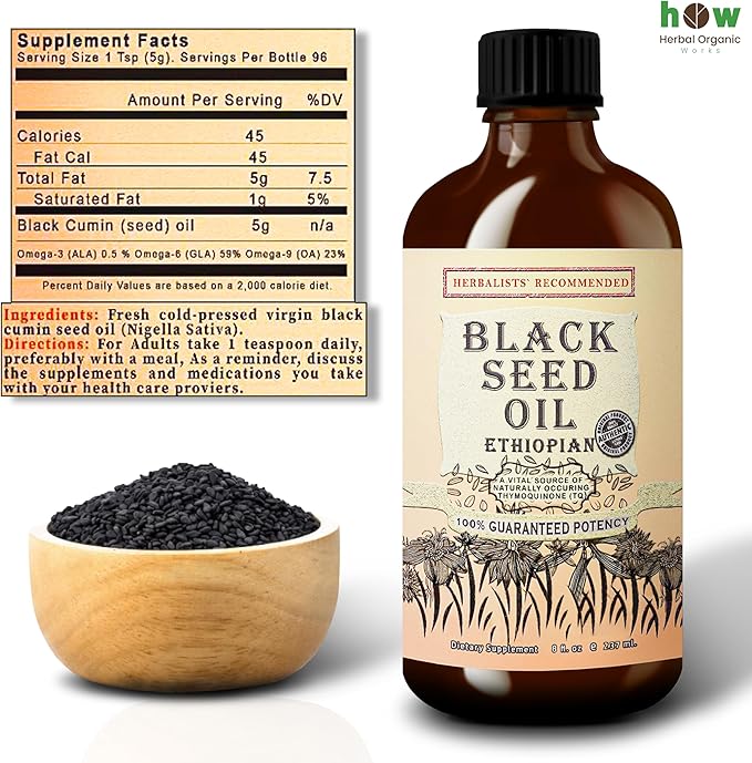 Ethiopian Black Seed Oil 8oz – Cold Pressed Nigella Sativa | High Thymoquinone 3.45% Black Cumin Seed Oil | 100% Pure Unrefined Liquid | Immune Skin Hair &amp Digestive Support | Glass Bottle