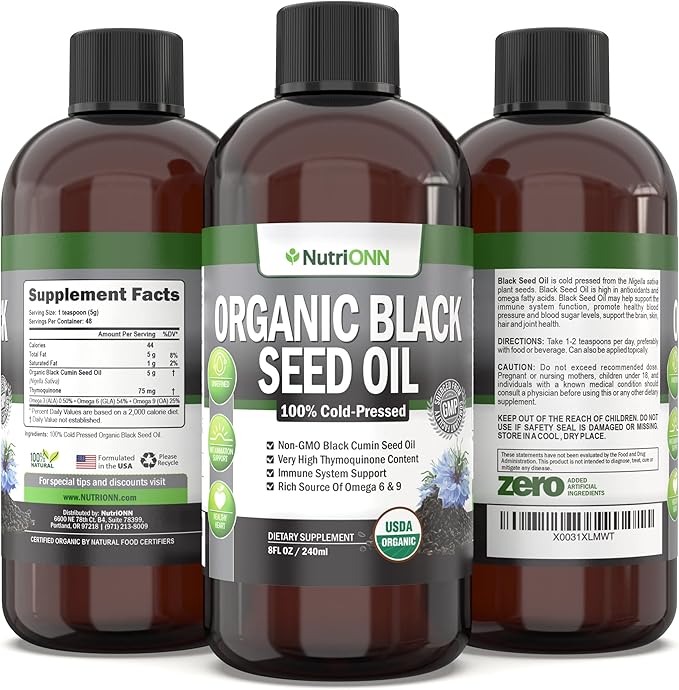Organic Black Seed Oil - USDA Certified Organic Black Cumin Seed Oil Liquid – High Thymoquinone Content – Non-GMO and Cold-Pressed – Rich Source of Omega-6 &amp Omega-9 Fatty Acids - 8 Oz
