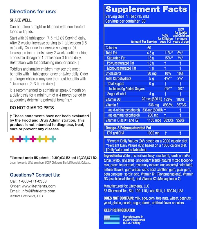 Lifetrients – Speak+D Smooth – Orange Vanilla – 15.2 oz – Pediatrician Formulated to Support Children with Special Nutritional Requirements – Omega-3 &amp Vitamins E’s K's &amp D