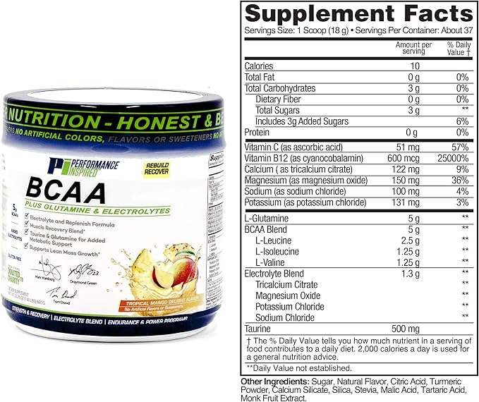 PERFORMANCE INSPIRED Nutrition BCAA Powder – 5G BCAA with Electrolytes Taurine &amp Glutamine – All-Natural Recovery &amp Clean Formula – Tropical Mango Delight – 1.46 lb