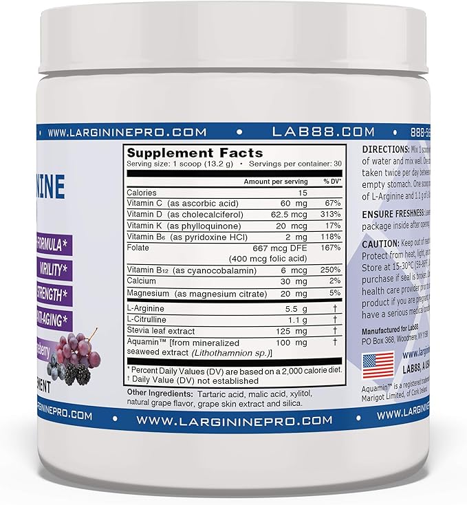 L-ARGININE PRO 2-Pack Grape and Raspberry Jars (60 Servings) That are Great Tasting! | Blood Flow | Pre-Workout Drink | with Vitamins C B6 B12 K &amp More