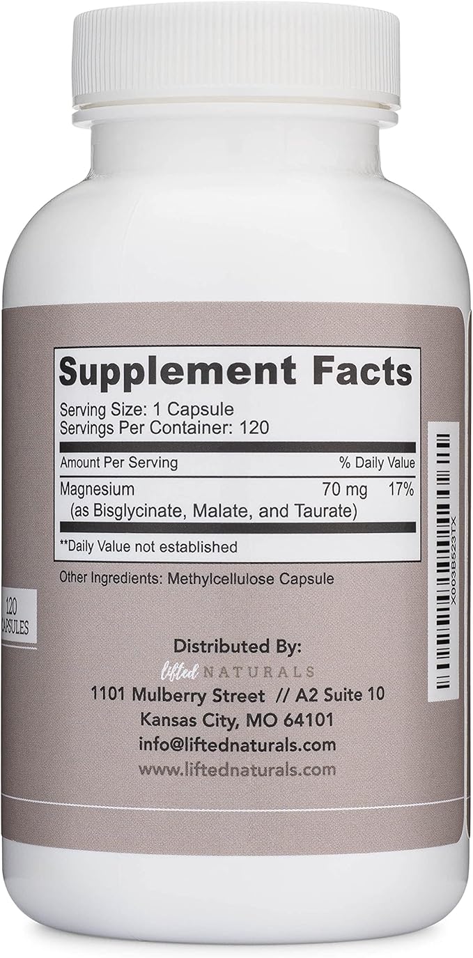 Magnesium Complex - Lifted Naturals Magnesium Supplement w/Bisglycinate Malate Taurate - 120 Capsules - Bioavailable Magnesium Formula for Mood Sleep Energy Support*