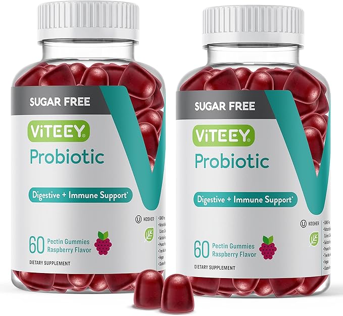 Viteey Probiotic Gummies for Women Men &amp Teens 2 Billion CFUs - Sugar Free - Immune Booster Digestive Support Gut Health - Vegan Gelatin Free GMO Free - Tasty Chewable Raspberry Flavored Gum