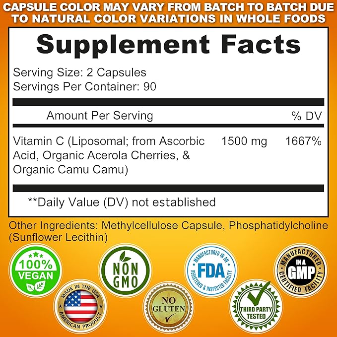 Liposomal Vitamin C Capsules - 1500mg - Made with Organic Acerola Cherries &amp Camu Camu High Potency Vitamin C Liposomal - Immune Support Supplement Enhanced Absorption &amp Bioavailability - 18