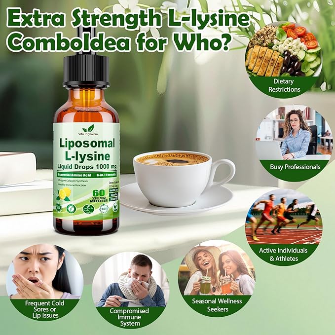 L-Lysine 1000mg Liquid Drops w. Monolaurin Olive Leaf Extract Vitamin C D3 &amp Zinc 6-in-1 Essential Amino Acid Supplement for Immune Collagen Lip &amp Oral Health Liposomal Lysine for Better Abs