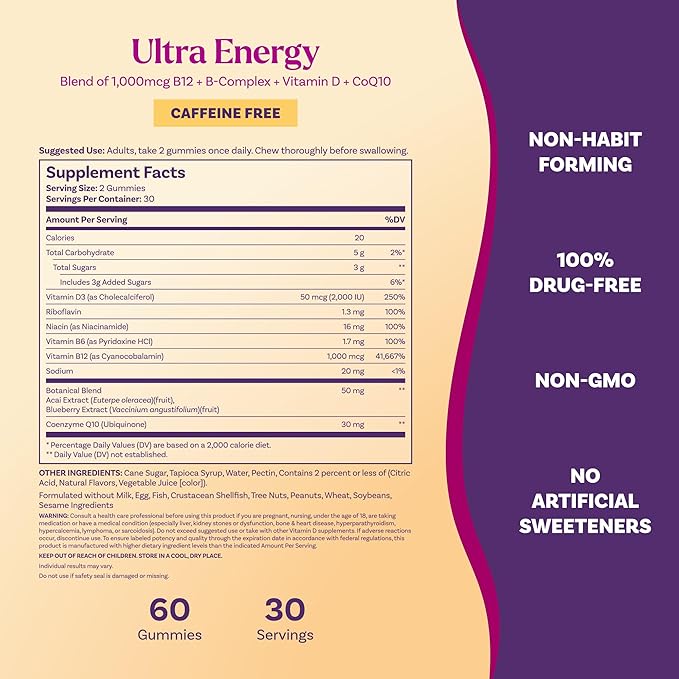 Natrol Ultra Energy 4-in-1 Blend 1000mcg B12 Vitamin B Complex Vitamin D CoQ10 Gummies 60 Ct Vegetarian Caffeine Free Supports Cellular Energy Production