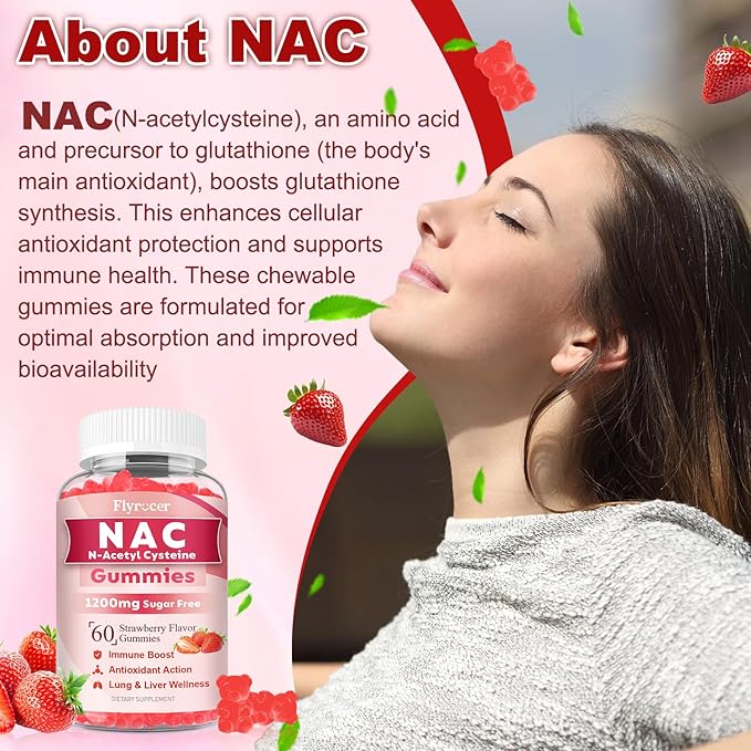 NAC Gummies N Acetyl Cysteine Supplement for Adults and Kids NAC Chewable Support Liver Health Antioxidants &amp Immune System Sugar-Free Strawberry Flavor 120 Count