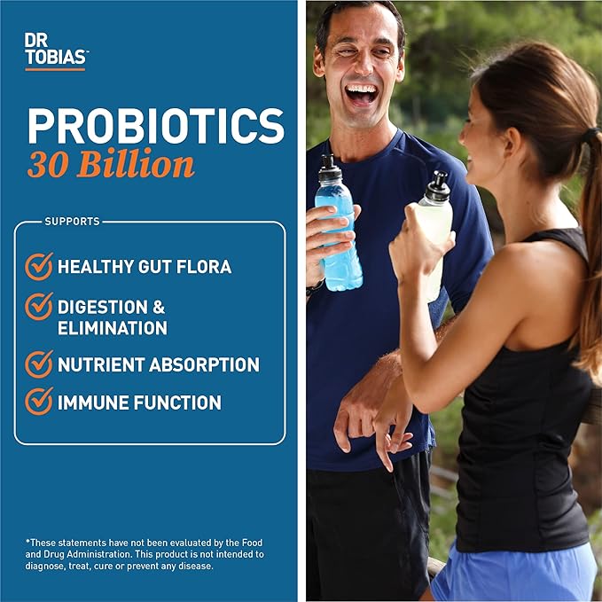 Dr. Tobias Probiotics 30 Billion 10 Strains 30 Billion CFU's Targeted Release Probiotics for Women &amp Men Supports Digestive Health Shelf-Stable Non-GMO 30 Capsules 30 Servings