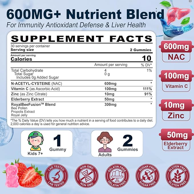 NAC Gummies for Kids &amp Adults Chewable N-Acetyl Cysteine Supplement 600mg 1000mg w/Vitamin C Zinc Elderberry for Antioxidants &amp Immune Support Lung &amp Liver Health Sugar Free 120 Ct