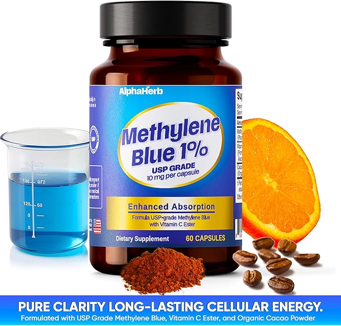 Methylene Blue Pharmaceutical Grade USP Grade – Enhanced Absorption with Vitamin C Ester &amp Cacao Powder – Energy Antioxidant Support &amp Cognitive Focus – 60 Methylene Blue 1% Vegan Capsules