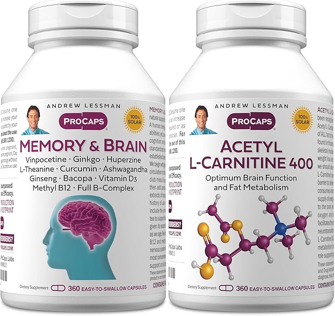ANDREW LESSMAN Memory &amp Brain + Acetyl L-Carnitine Kit: 360 + 360 Capsules – Naturally Supports Brain Memory and Mental Acuity. with Ginkgo Biloba Bacopa Curcumin Ginseng B-Complex Vitamin D