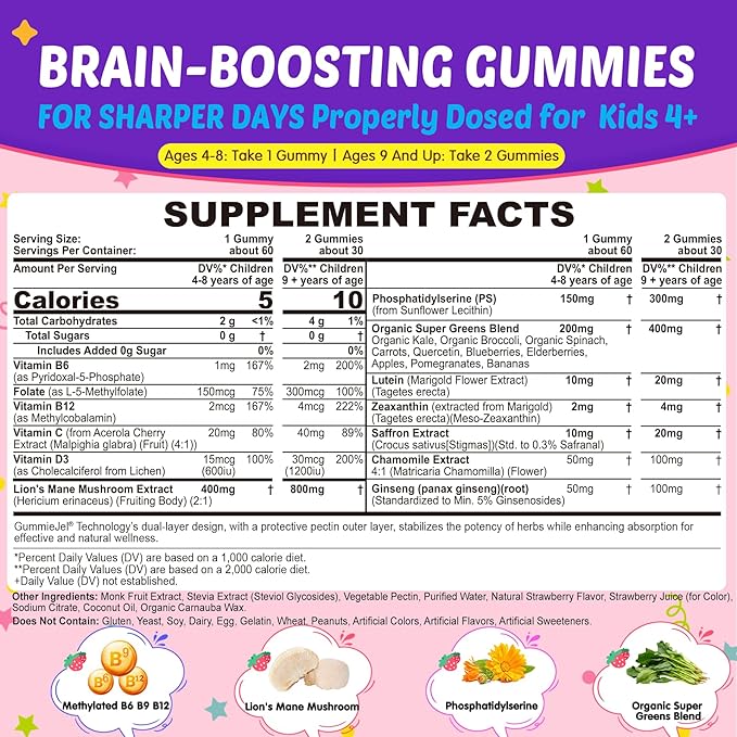 Nextdia L-Lysine 500/1000mg Filled Gummies Support Immune+Kids Brain Booster Supplement for Focus &amp Attention