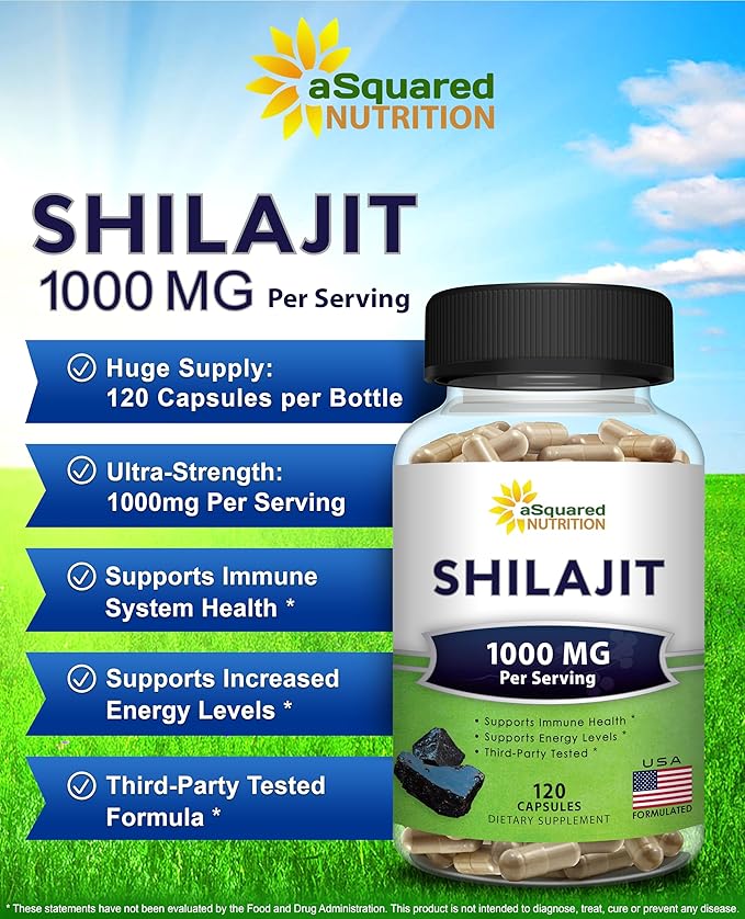 aSquared Nutrition Shilajit 1000mg - 120 Capsules - Pure Shilajit Extract Supplement and Powder Complex Pills - Natural Humic &amp Fulvic Acid &amp Trace Minerals - Alternative to Resin &amp Drops