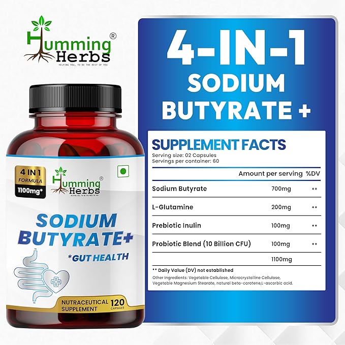 Humming Herbs Sodium Butyrate+ Capsules – 4-in-1 Digestive Support with L-Glutamine + Prebiotic Inulin + Probiotic Blend (10 Billion CFU) – 120 Vegetarian Capsules