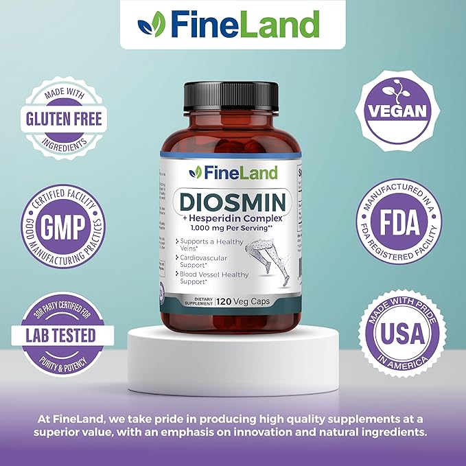 FineLand Diosmin &amp Hesperidin Complex Premium Advanced Formula 1000 mg Blood Flow and Circulation Support 120 Capsules 100% Vegan All Natural