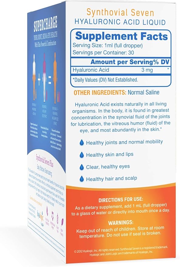 Hyalogic Synthovial Seven Hyaluronic Acid Liquid &amp Resveratrol Capsules - HA Joint Support - Vegan - 1 oz
