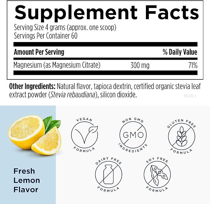 Designs for Health MagCitrate Powder - 300mg Magnesium Citrate to Support Calm Occasional Constipation + Regularity - Non-GMO Gluten Free Delicious Drink Mix Add-in Lemon Flavor (60 Servings/240g)