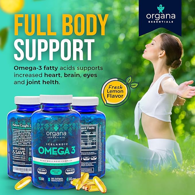 Omega 3 Fish Oil 2000 mg - High EPA 820 mg + DHA 620 mg - 180 Triple Strength Burpless Lemon Flavored Softgels