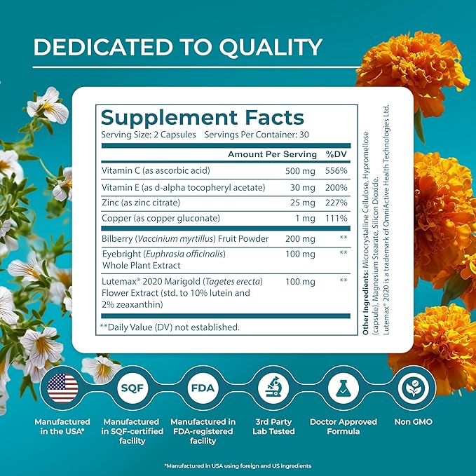 PUREHEALTH RESEARCH Complete Vision Formula - Eye Vitamins &amp Mineral Supplement - Lutein and Zeaxanthin Supplements for Men &amp Women - with Eyebright Herb Zinc Copper Bilberry &amp More - 6