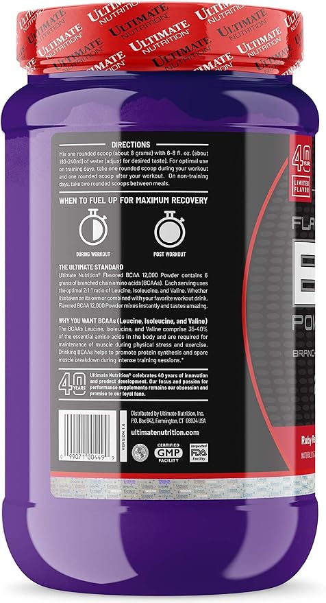 Ultimate Nutrition Flavored BCAA Powder - Caffeine Free with 3g Leucine 1.5g Valine 1.5g Isoleucine - Post Workout Amino Acid Supplement Ruby Red Candy 60 Servings