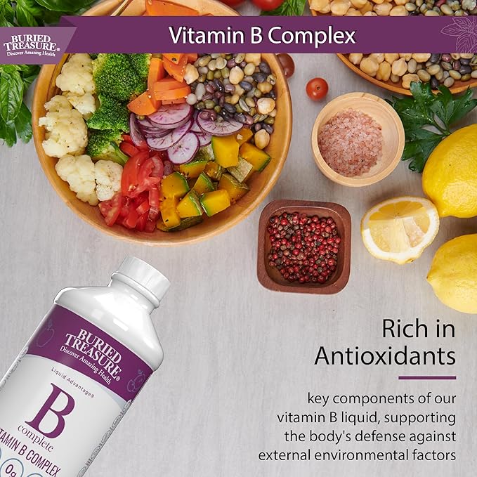 Buried Treasure B Complete - Liquid Vitamin B Complex with MethylCobalamin B12 &amp MethylFolate B9 Biotin B1 B2B3 B5 B6 Liquid &amp Sugar-Free Women &amp Men Dose Cup for Measuring