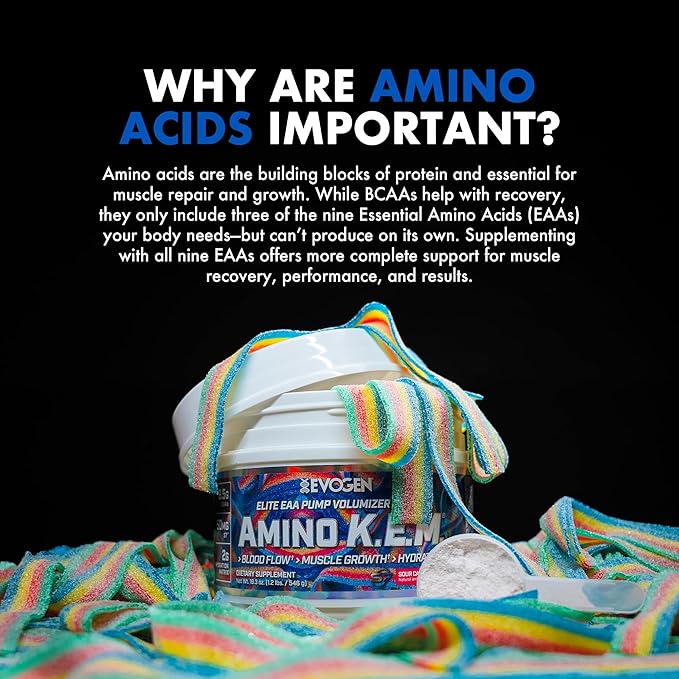 Evogen Amino K.E.M. - EAA &amp BCAA Powder Pump Volumizer | BCAAs Amino Acids Supplement for Blood Flow Muscle Growth &amp Hydration | Sour Candy | 30 Servings