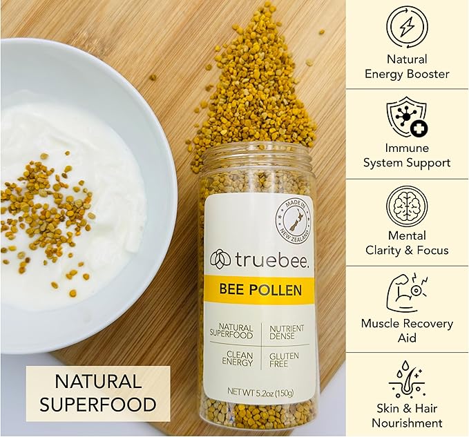 truebee Bee Pollen Granules 5.2 oz - Made in New Zealand 100% Raw Superfood with Natural Vitamins Enzymes B Vitamins Amino Acids &amp Protein – Paleo &amp Keto Friendly Gluten-Free