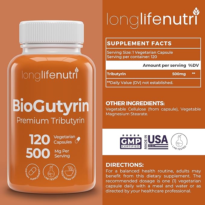 BioGutyrin – Tributyrin 500mg Postbiotic Supplement for Gut Function &amp Nutrient Absorption 120 Vegetarian Capsules Butyric Acid for Butyrate Production 4-Month Supply GMP Certified Made in U