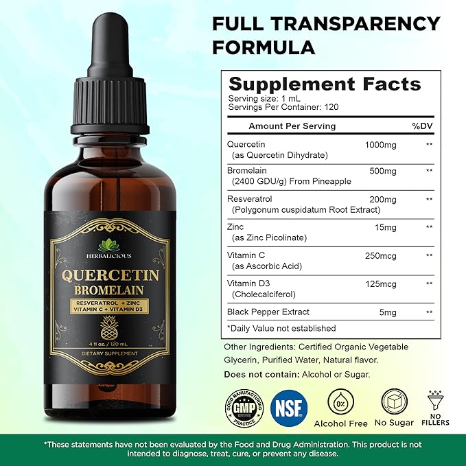 HERBALICIOUS Quercetin Bromelain Liquid with Resveratrol Zinc Vitamin C &amp D3 – Immune Support Drops – 4 fl oz (120 mL) – Fast Absorption – Non-GMO Dietary Supplement