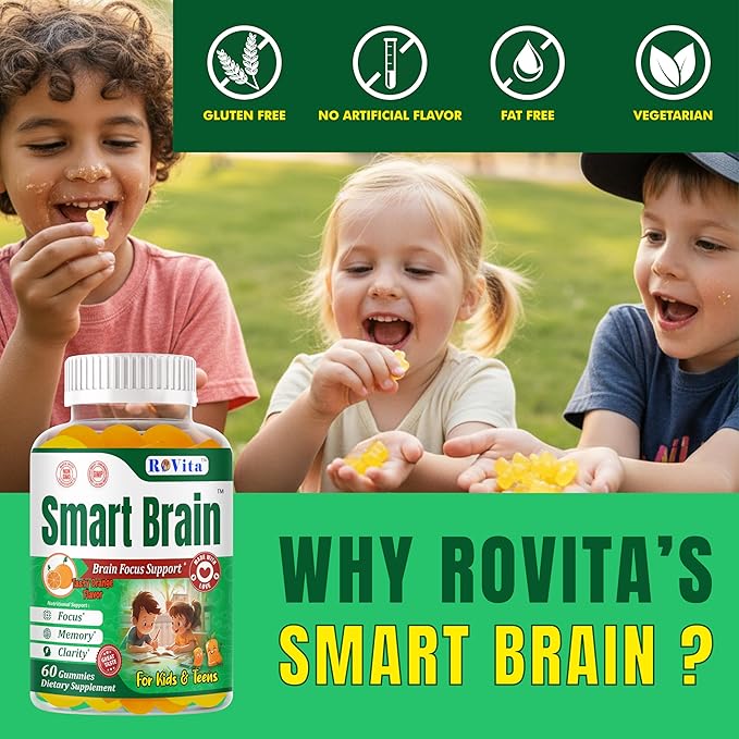Smart Brain Kids Vitamin Gummies with Omega 3 DHA for Kids &amp Teens-Brain Support Focus Gummies for Kids - Omega 3 Brain Vitamins– Learning &amp Mental Clarity Support– 60 Gummies