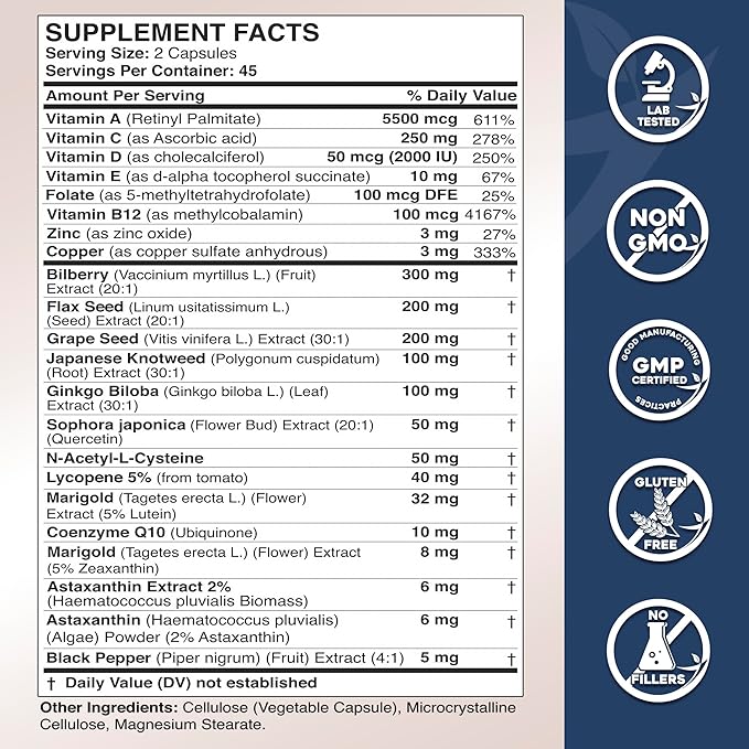 Gade Nutrition Lutein and Zeaxanthin Supplements | Astaxanthin Eye Vitamins with Omega 3 Resveratrol Bilberry Lycopene Quercetin Ginkgo Biloba Vitamin D and More Eye Care Vitamins and Minerals