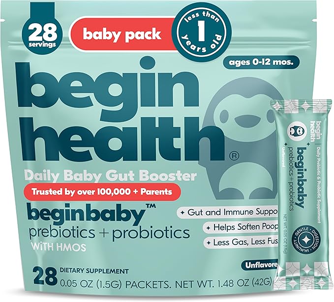 Begin Health BeginBaby Prebiotics and Probiotics for Infants 0-12 Months | Baby Formula Prebiotic + Probiotic Powder with 2'-FL HMO's &amp B. Infantis for Optimal Digestion | 28-Packs - Unflavored