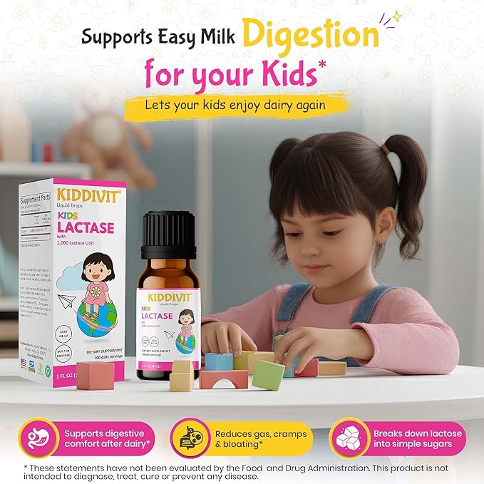 Kiddivit Lactase Kids Drops 1000 Units – 50 Daily Servings 1 FL OZ (30 mL) – Lactose Digestion &amp Colic Relief – Sugar Free Gluten Free Vegetarian Friendly