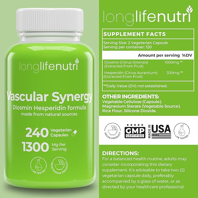 LongLifeNutri Grapefruit Seed Extract 500 mg + Vascular Synergy (Diosmin Hesperidin Complex) 1300 mg Bundle - 180 + 240 Capsules 6-4 Month Supply Daily Energy &amp Vein Support Made in USA