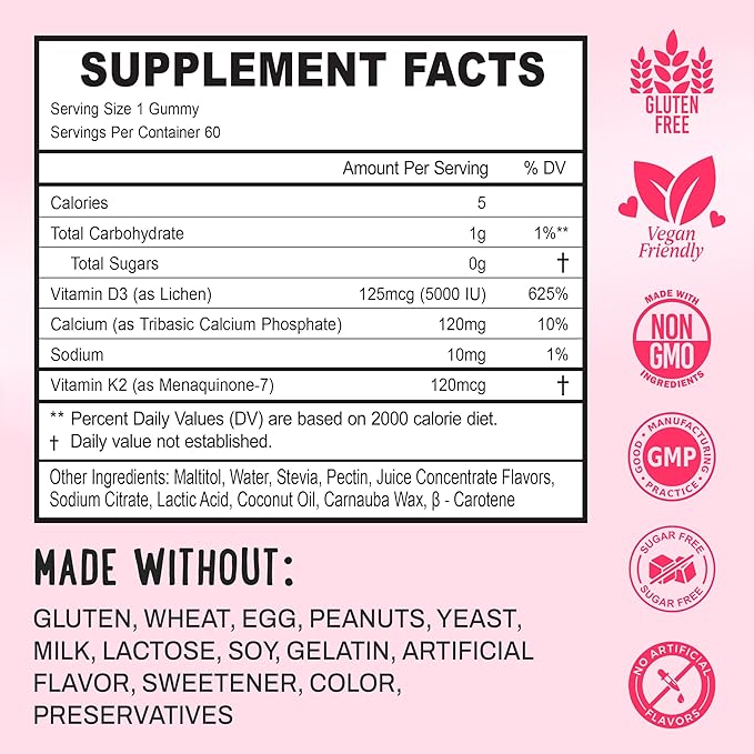 OH MY CHEWY Double-Flavored Vitamin D3 K2 &amp Calcium Fluffy Gummies - Supplement for Healthy Teeth Bone &amp Energy - 5000 IU D3 120 mcg K2(MK-7) 120 mg CA - Vegan &amp Non-GMO - 60 Count