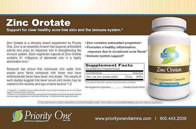 Priority One Vitamins Zinc Orotate 100 Vegetarian Capsules – Highly absorbable bioavailable Form of zinc – Support for a Healthy Immune System.*