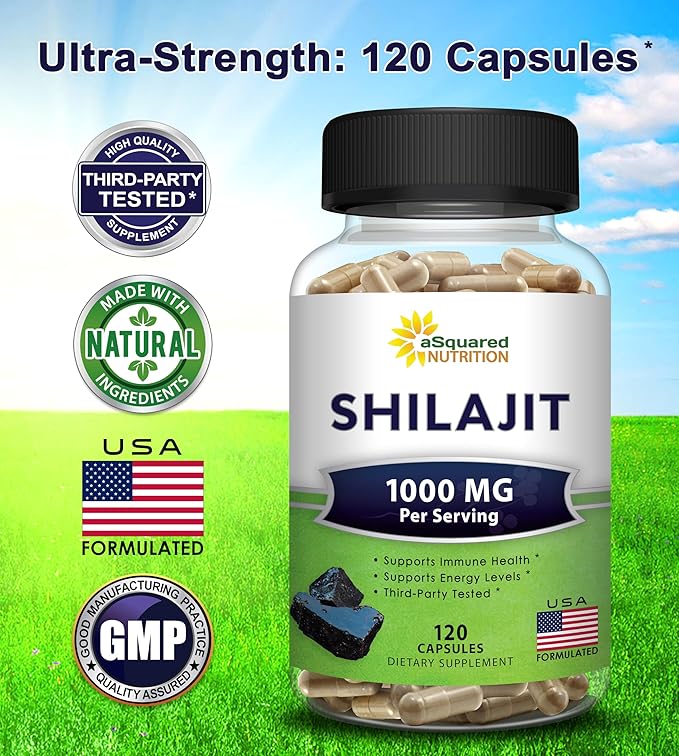 aSquared Nutrition Shilajit 1000mg - 120 Capsules - Pure Shilajit Extract Supplement and Powder Complex Pills - Natural Humic &amp Fulvic Acid &amp Trace Minerals - Alternative to Resin &amp Drops