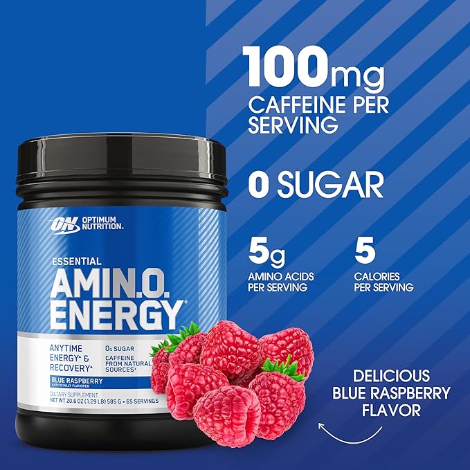 Optimum Nutrition Amino Energy - Pre Workout with Green Tea BCAA Amino Acids Keto Friendly Green Coffee Extract Energy Powder - Blue Raspberry 65 Servings (Packaging May Vary)