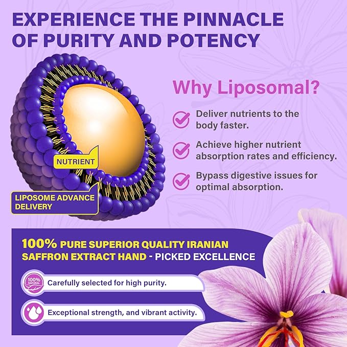 Nextdia Saffron Supplements - 100mg Liposomal High Absorption 100% Pure Saffron Extract with Magnesium Glycinate Omega-3 Turmeric Ashwagandha Vitamin B6 B12 D3 for Mood Brain - 60 Softgels.
