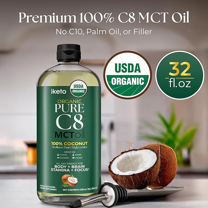 Keppi Keto Organic MCT Oil - Flavorless C8 Non-GMO Certified Gluten-Free Palm Oil Free Vegan Kosher Halal 32 oz Coconut Oil