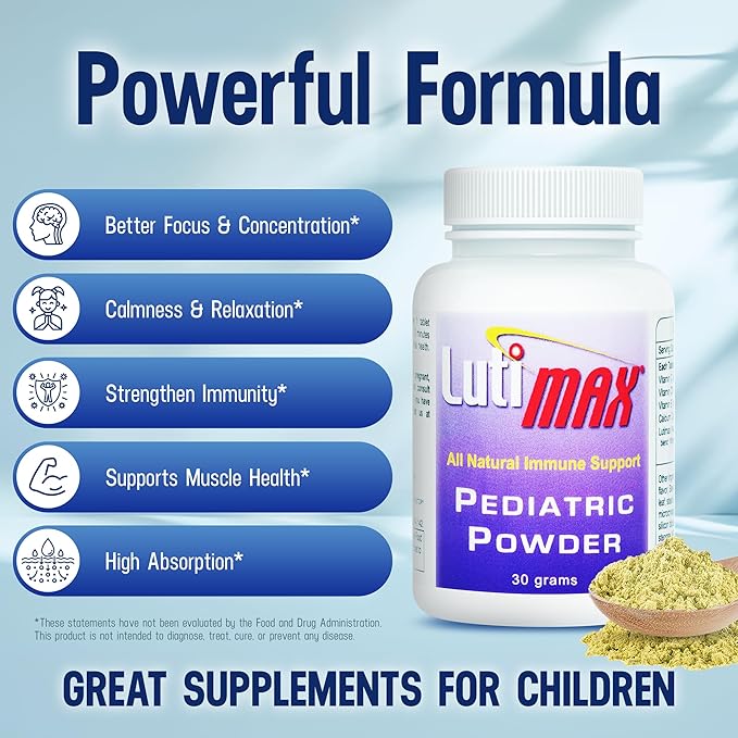 Lutimax Pediatric Powder Brain Supplement with Luteolin &amp Rutin for Kids - Memory Focus Muscle &amp Immune Support Brain Supplements - Nootropic Antioxidants - 200 Servings