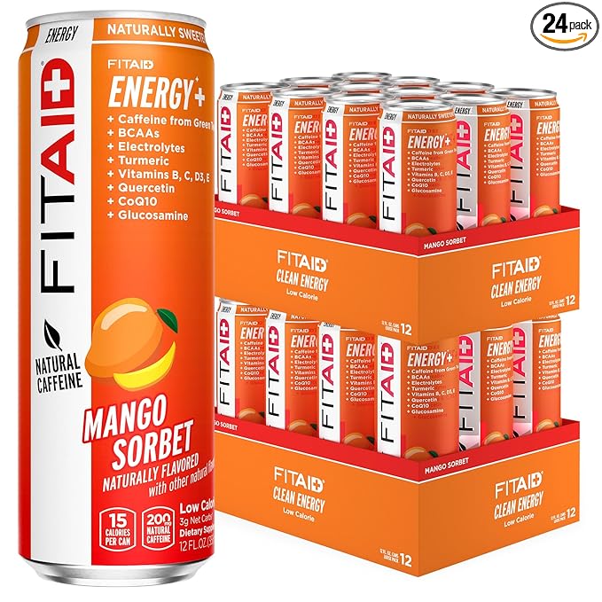 FITAID ENERGY 200mg Natural Caffeine Keto Mango Sorbet Optimum Performance Formula: BCAAs Quercetin Electrolytes Omega-3s 15 Calories Paleo Vegan &amp Gluten-Free 12-oz. Cans (Pack of 24)
