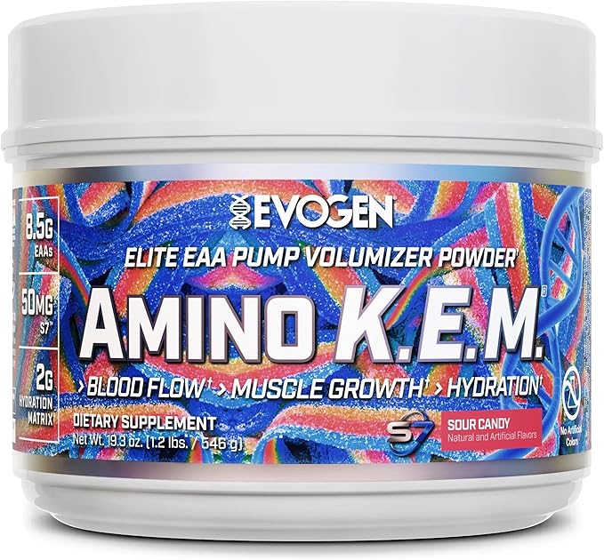 Evogen Amino K.E.M. - EAA &amp BCAA Powder Pump Volumizer | BCAAs Amino Acids Supplement for Blood Flow Muscle Growth &amp Hydration | Sour Candy | 30 Servings