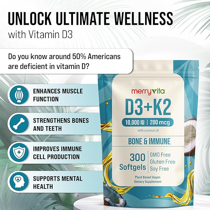 MERRY VITA Vitamin D3 K2 300 Softgels – 10000 IU &amp 200 MCG K2 MK7 – Plant-Based Vegan Non-GMO Gluten-Free – Coconut Oil – Immune Bone &amp Muscle Support – D3 con K2 vitamina Supplement